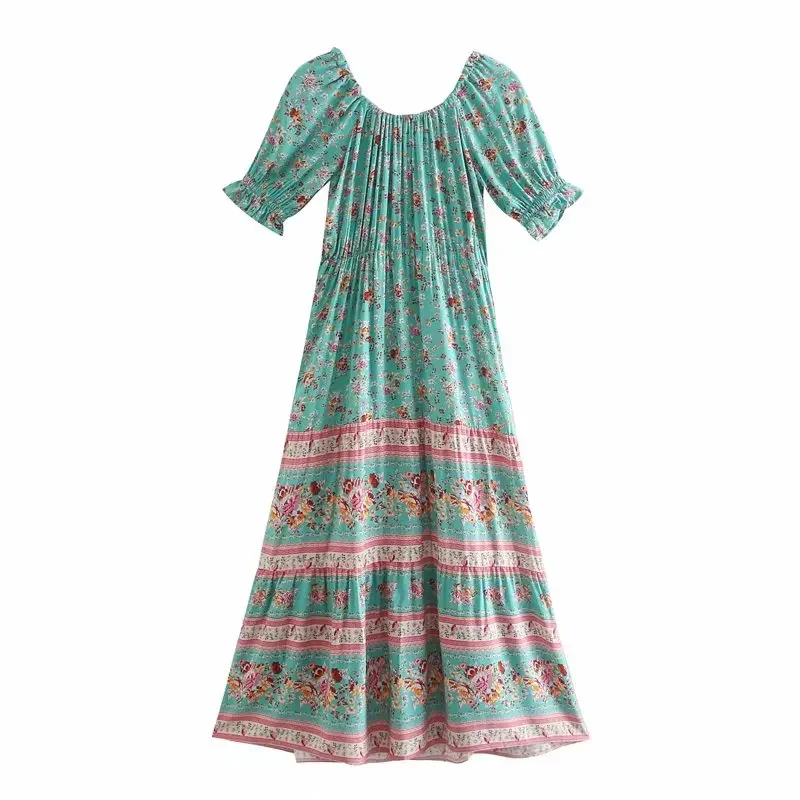 Boho Queens Hippie Women Multi Floral Print Bohemian Dress Ladies Short Sleeve Off Shoulder Sashes Rayon Maxi Dresses Vestidos