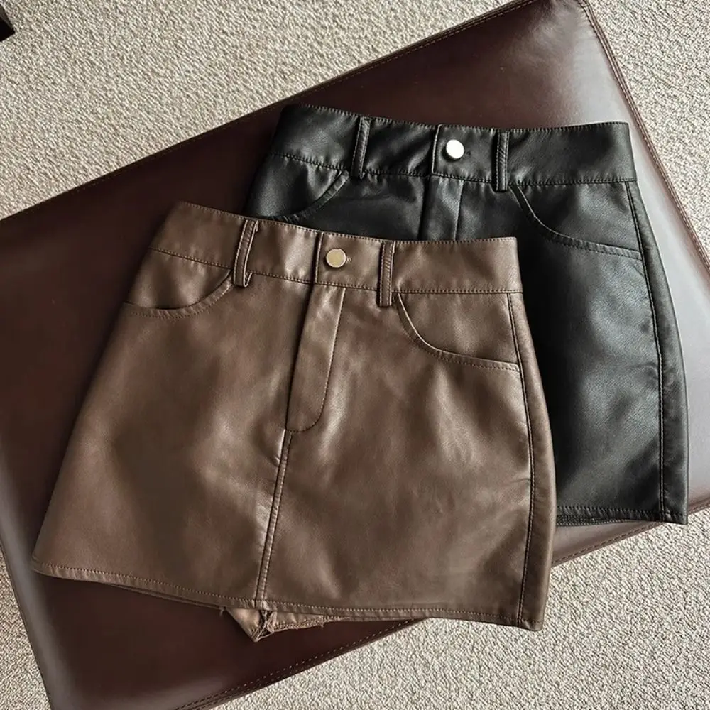 Sweet Zipper PU Leather Skirt Slim Fit Solid Color Short Mini Skirts Autumn Winter Retro Skirt with Safety Pants Girls