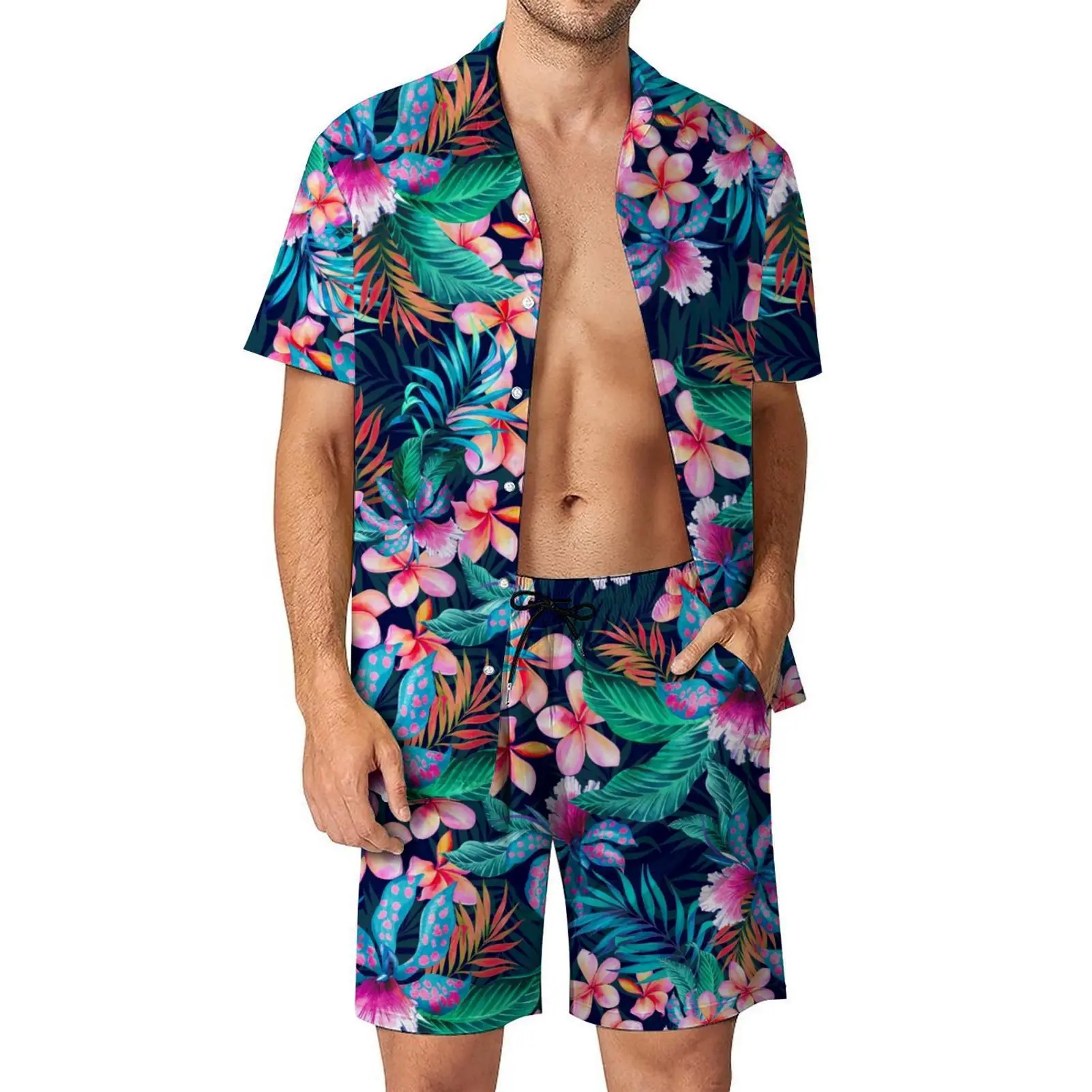 Flower Printed Hawaiian Shirt Set Men's 2Pcs Shirt 3D Print Loose Leisure Short Sleeve Beach Shorts Shirt Holiday Fashion Set