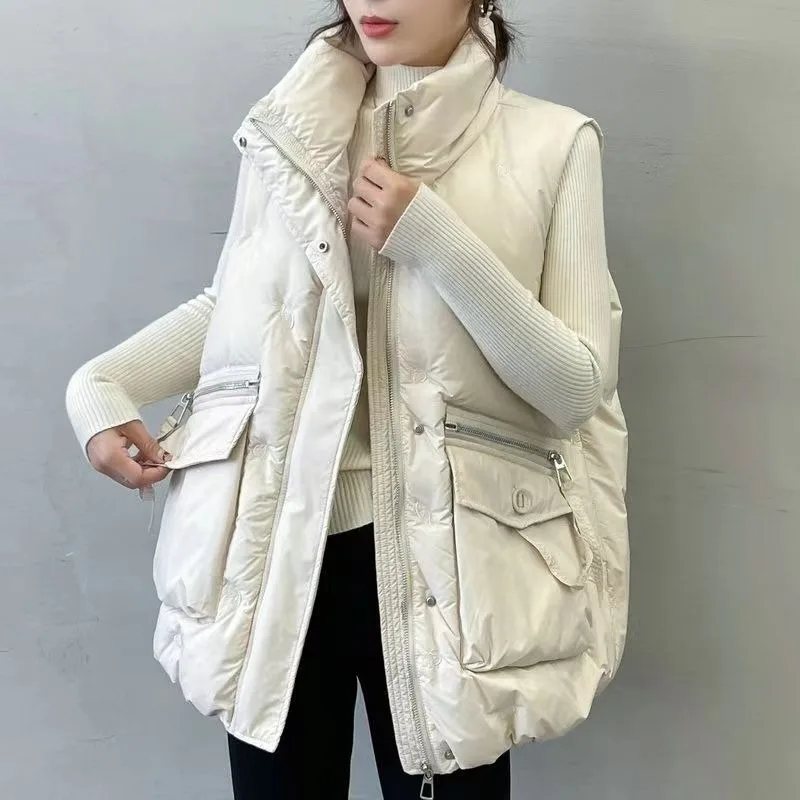 Women's Autumn Winter Down Cotton Vest Loose Fit Waistcoat Outerwear Fashionable Stylish Large Pockets Embroidery Waistcoat Vest