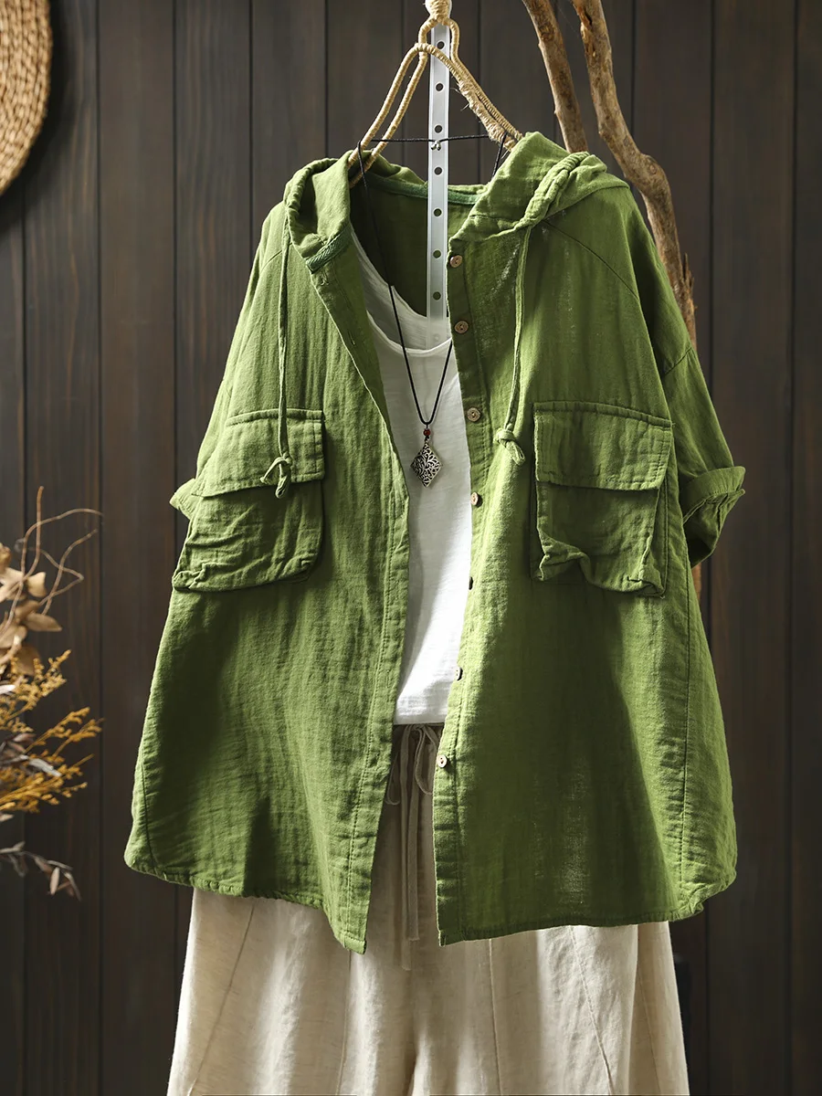 

Loose Fit Pure Cotton ort Sve irt Women's Summer Casual Sle Button up Cotton 00% Double Layer Cotton Hooded Top
