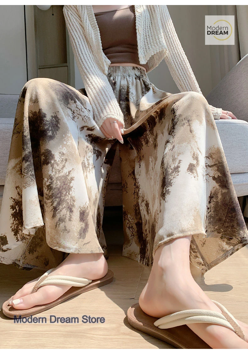 National Style Retro Ink Painting Printed Wide-leg Pants Women's Summer Thin High Waist Slim Sunproof Ice Silk Skirt Pants