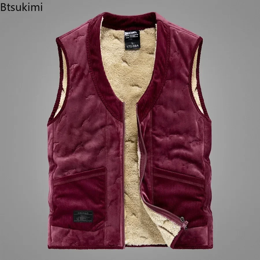 Autumn Winter Men\'s Sleeveless Vest Jacket Fashion Cotton-Padded Plus Velves Thickened Vest Coats Men Warm Lamb Fleece Waistcoat