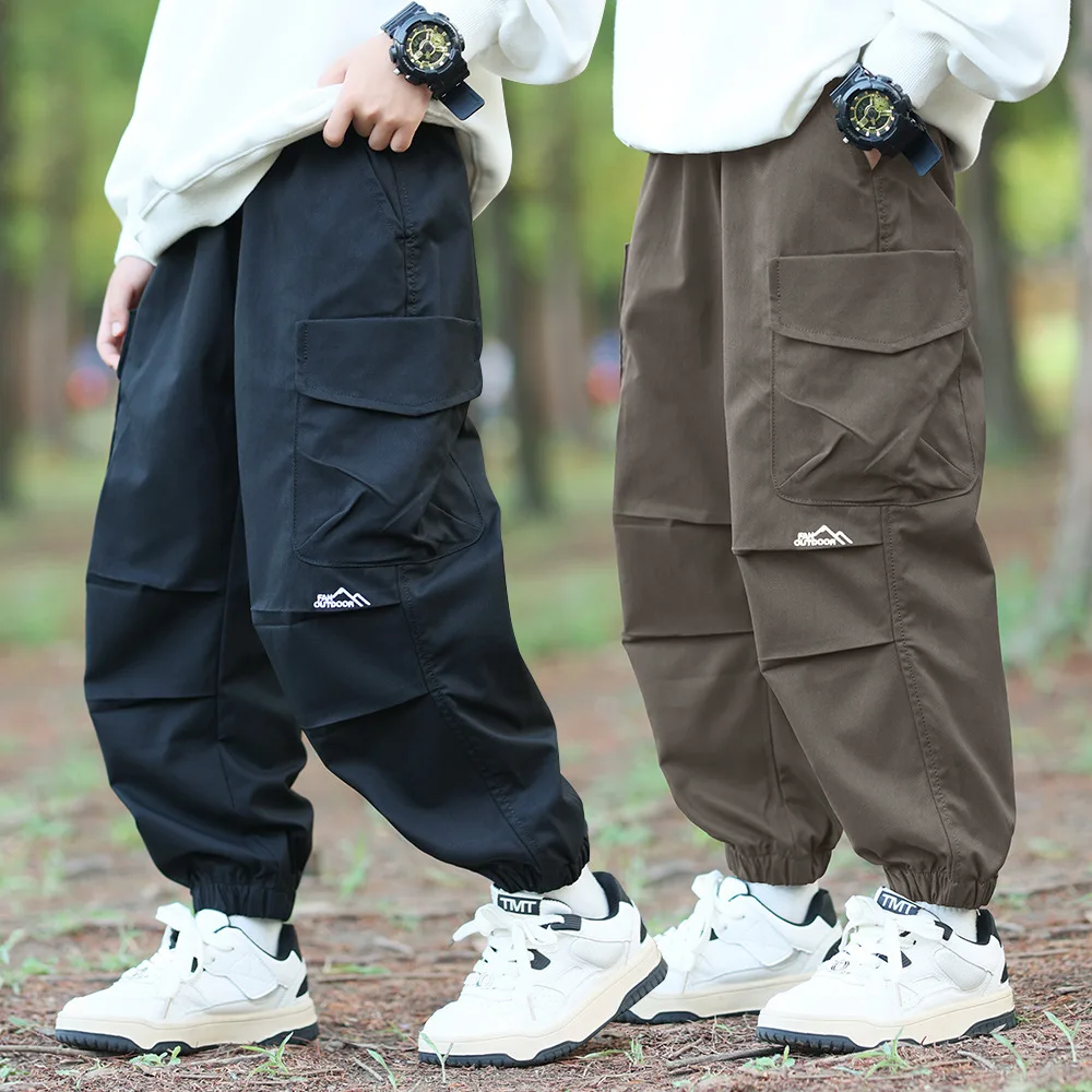 Spring Autumn Boys Windproof Outdoor Cargo Pants Medium Big Kids Loose Multi-Pocket Hiking Casual Trousers Children's Clothing