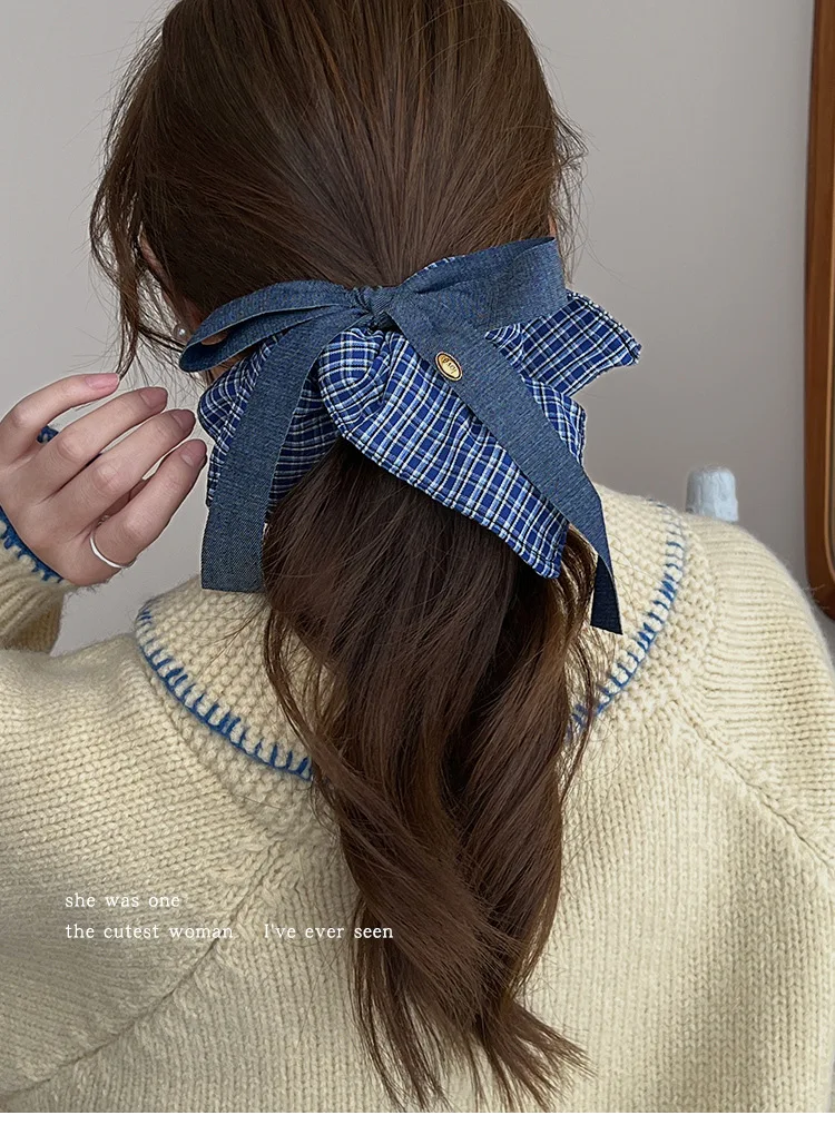 Bow Denim Blue Plaid Square Towel Large Intestine Hair Band Femininity Square Hair Accessories Headrope Rubber Band