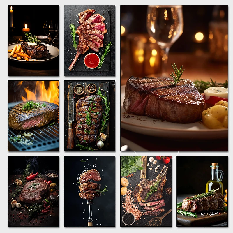 Delicious Grilled Tomahawk Steak Posters Retro Meat Cuts Steak Guide BBQ Prints Canvas Painting Wall Pictures Home Kitchen De