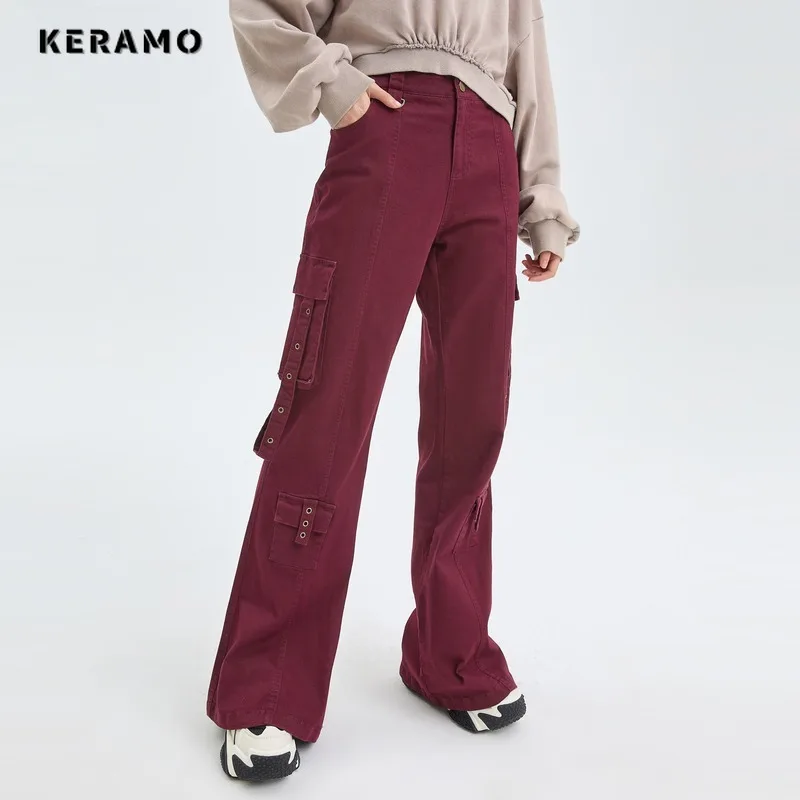 Vintage Casual High Waist Solid Color Belted Design Cargo Pants For Women Streetwear Style Wide Leg Overalls Baggy Y2K Trouser