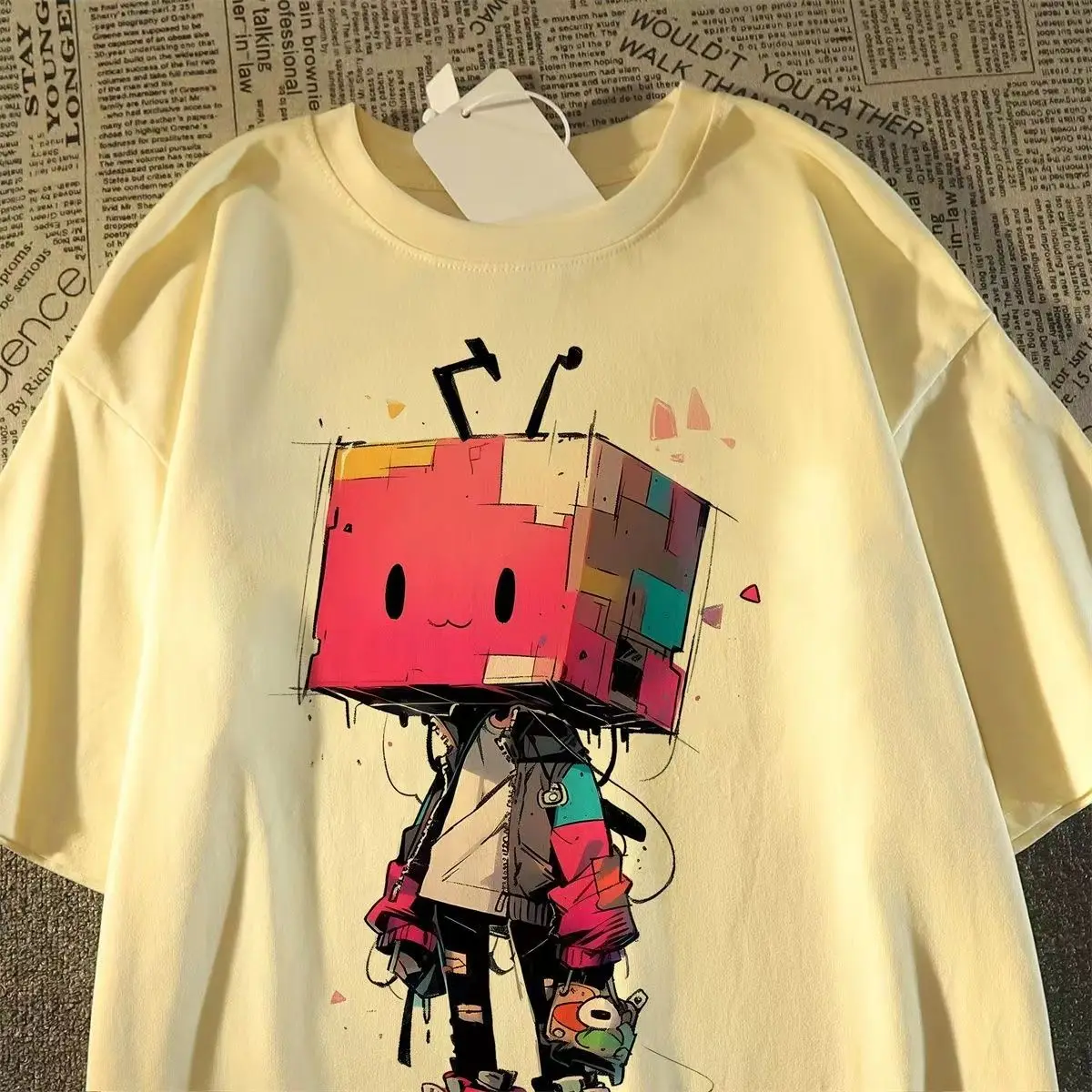 100% pure cotton American trendy brand funny cartoon printed short-sleeved for men and women summer loose hiphop couple tops