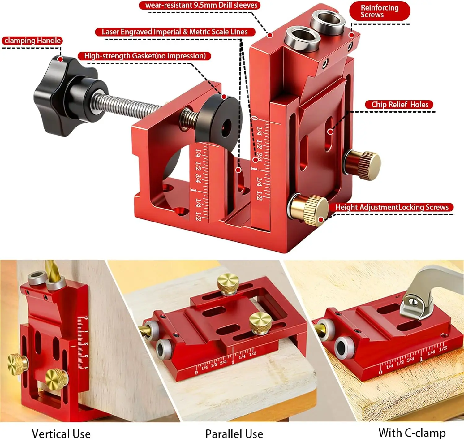 Pocket Hole Jig Kit, Adjustable Aluminum Pocket Hole System, Portable Screw Jig Set Guides Joint Carpentry Locator Woodworking