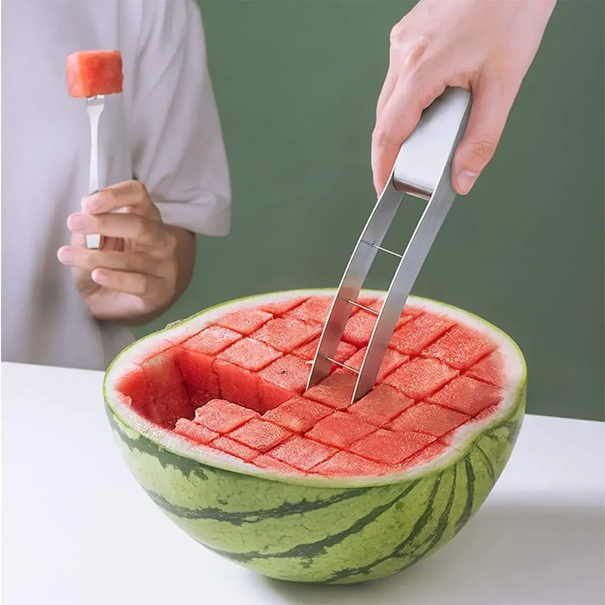Wassermelonen-Würfelschneider aus Edelstahl, Wassermelonen-Schneider, sicherer Wassermelonen-Fruchtschneider, Messer, Melonenschneider für Küchenhelfer