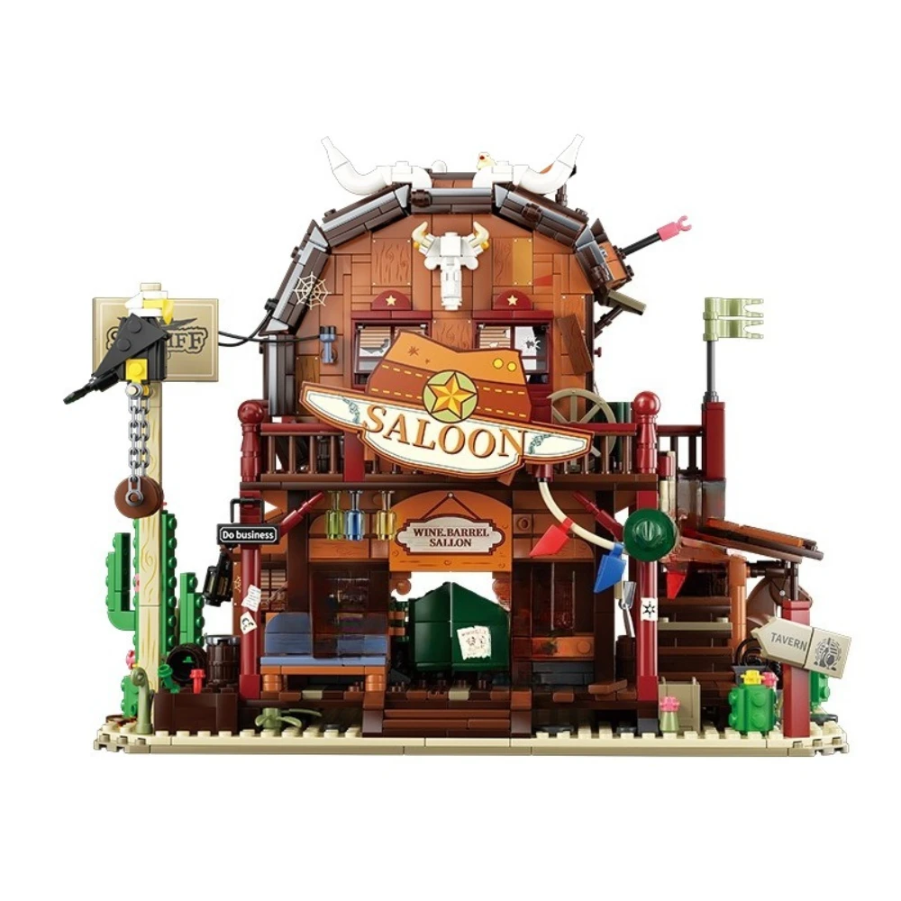 MOC Western Town Oak Barrel Tavern Building Blocks Set Desert Hut Saloon Bar Hotel House Idea Toys For Children Birthday Gifts