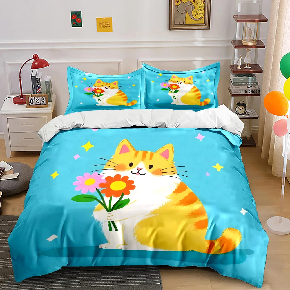 Cute cat holding colorful flowers Pattern Duvet Cover Set Digital Print Colorful Polyester Bedding with Zipper Closur for gifts
