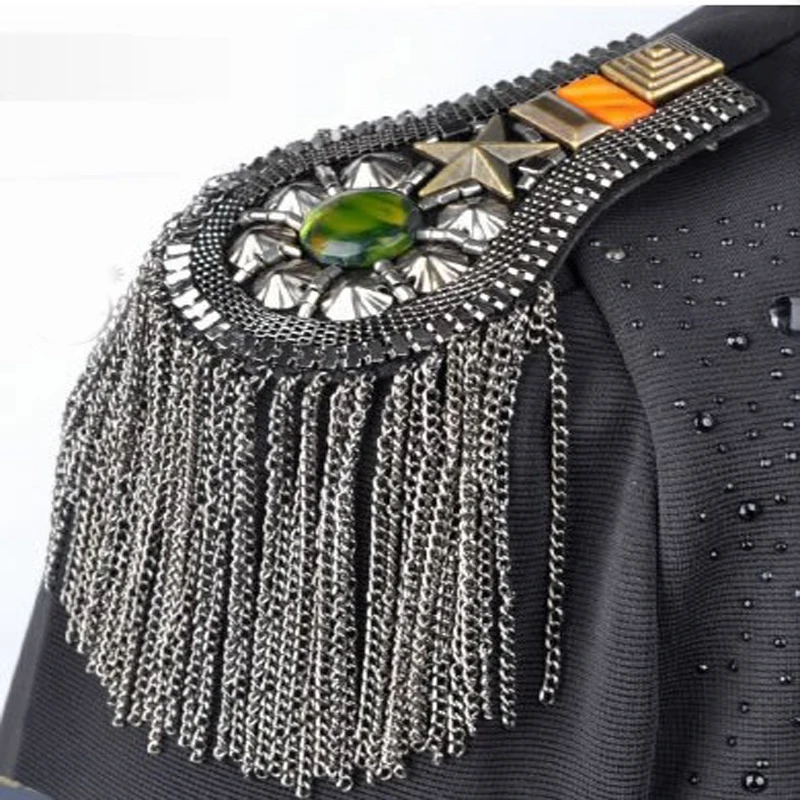 Vintage PUNK cool quality black fivestar spike tassel  epaulet brooch badge home decor