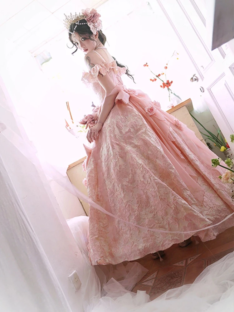 Vestido longo do chão para adulto, Véspera de casamento formal, Vestido Lolita rosa Natal