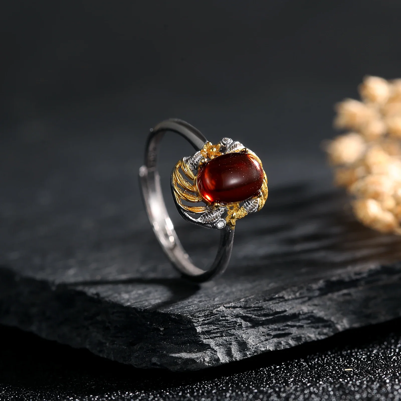

Genuine 925 Silver Ring Adjustable Gold Plated Two-Tone Bands Natural Amber 8x6mm Oval Stone Promise Jewelry Gifts