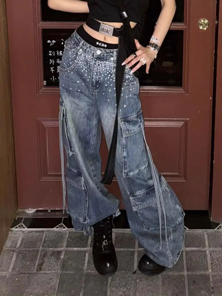 

Retro American Style Distressed Denim Overalls Women's Loose Fit Wide Leg Jeans Y2K Fashion Rhinestone Embellished Work Pants