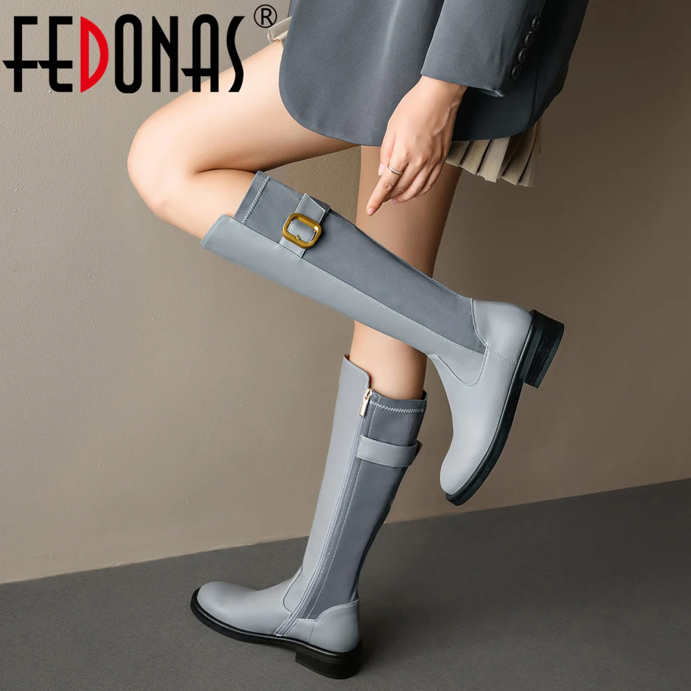 

FEDONAS Elegant Women Knee-High Boots Autumn Winter Splicing Genuine Leather Belt Buckle Side Zipper Party Office Shoes Woman