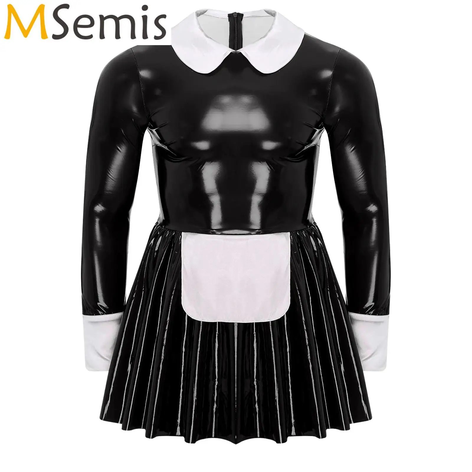 Mens Sissy French Maid Patent Leather Dress Satin Apron Tulle Underskirt A-Line Dress Long Sleeve Sissy Crossdresser Clubwear