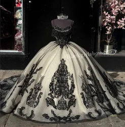 Sparkling Princess Tutu Quinceanera Dresses 2024 Black White Lace Appliques Crystal Beaded Mexico 16 year old vestidos 15 años