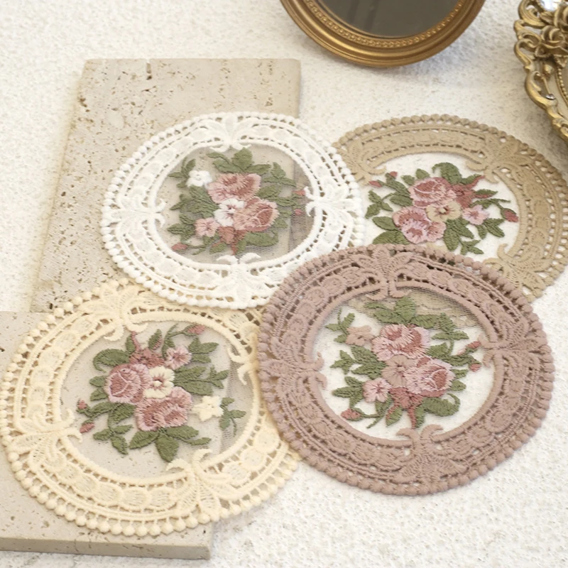 

12cm Vintage Lace Coaster Placemat Embroidery Craft Bowls Coffee Cups Coaster European Style Fabric Anti-Scald Table Plate Mat