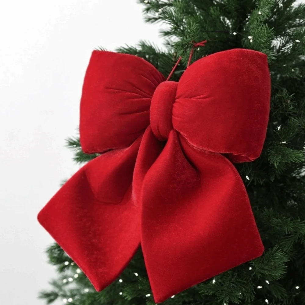 

Flannelette Christmas Red Bowknot Pendant Soft Textured Vintage Christmas Tree Decoration Bow Shape 3D Bowknot Hanging Pendant