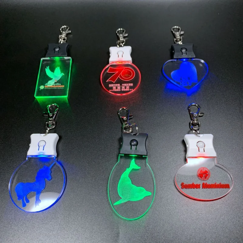 Customized.product.New arrival customized laser engraved 3D LOGO blank badge card acrylic LED glowing keyring holder lanyard LED