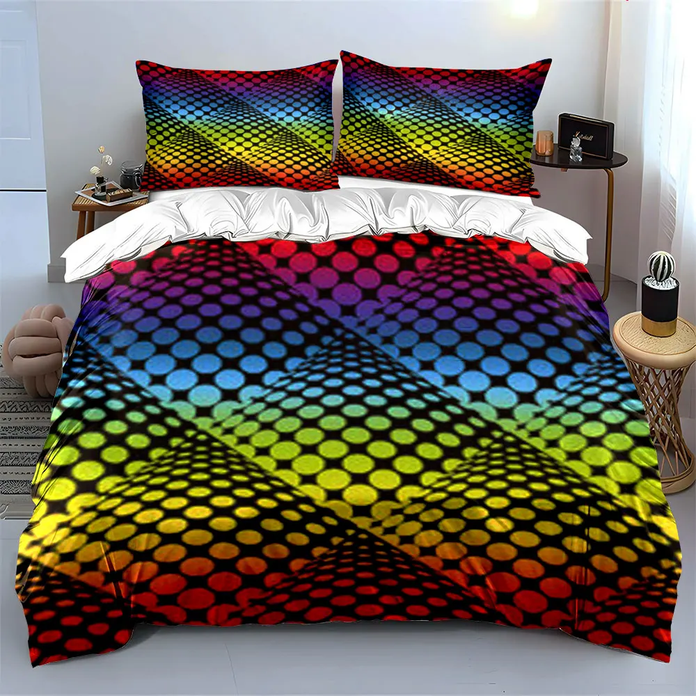 

3Pcs Rainbow Polka Dot Bedding Set, Gradient Color Print Duvet Cover + 2 Pillowcases, Vibrant Decor