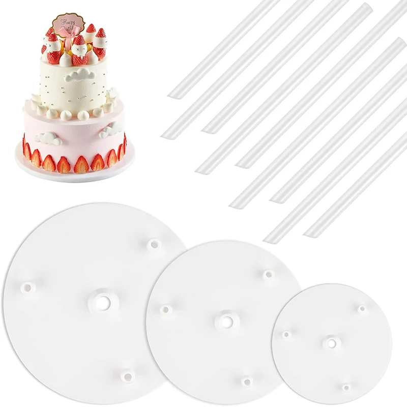 Cake Supports Set with 3Pcs Cake Separator Plate and 9Pcs Cake Pin Rod Cake Layer Support Frame Cake Dowels Rods for Tiered Cake