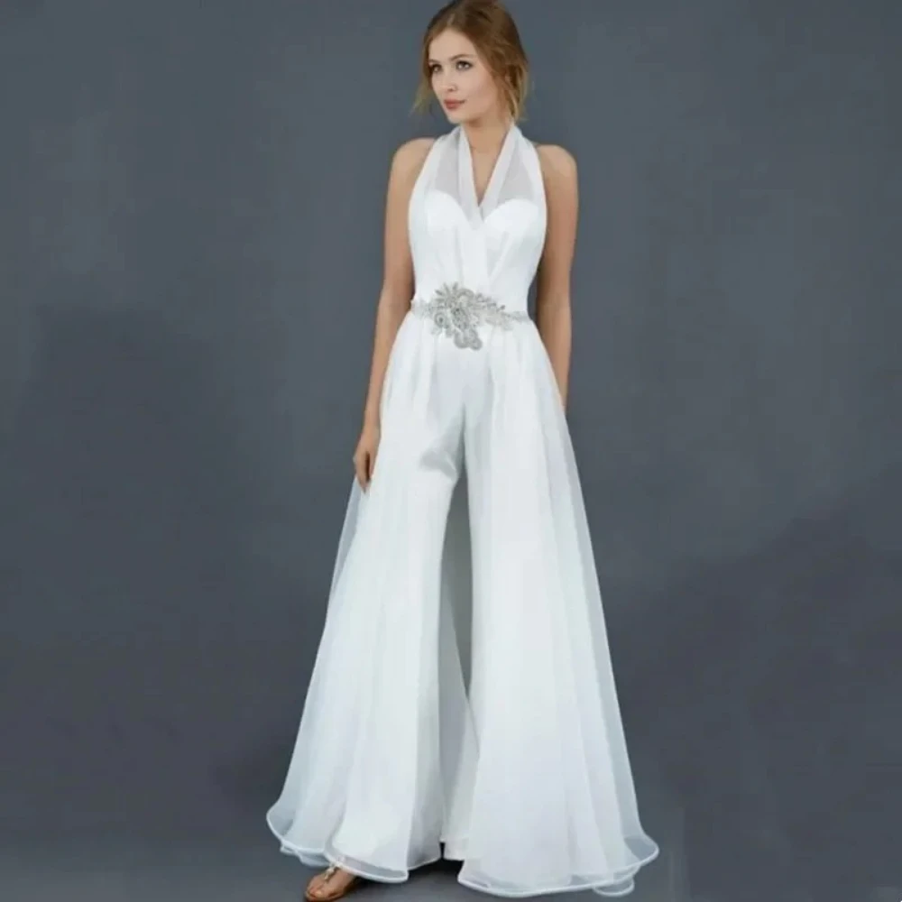 Customzied Elegant Halter Wedding Pants with Train Sexy Backless Jumpsuits Dress Women for Wedding Sleeveless Vestido De Novia