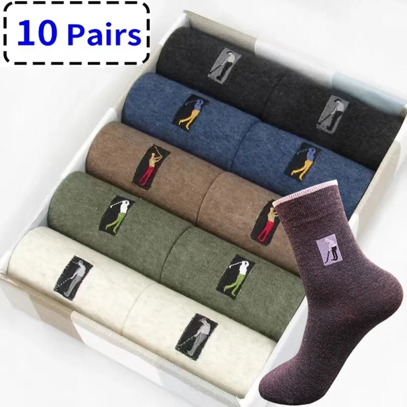 10 Pairs High Quality Men\'s Socks Business Casual The Golf Logo Autumn Winter Warm New Dress Long Sock For Man Gifts Size38-45