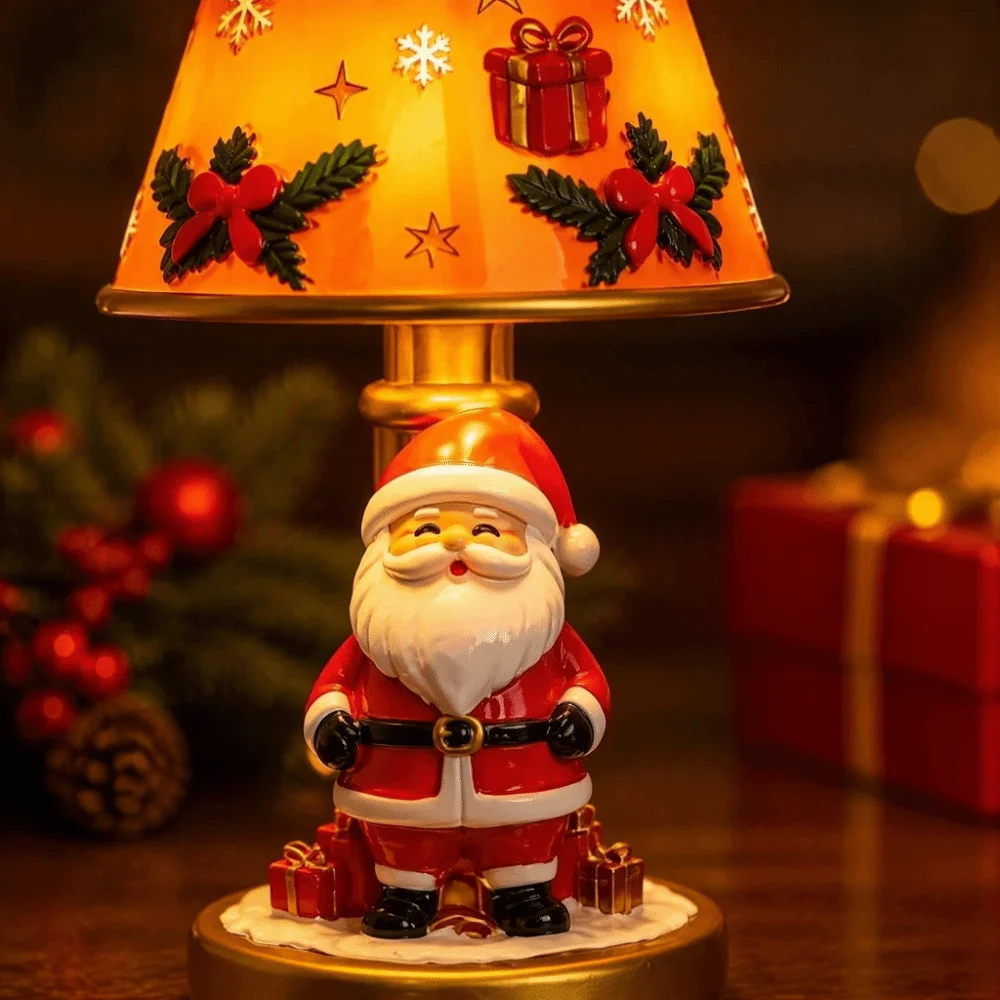 Premium Resin Christmas Resin Craft Light Warm Soft LED Hand-Painted Details Santa Reindeer Table Lamp Warm Light