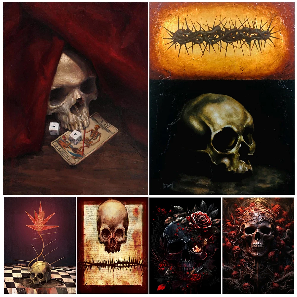 Mythical Dark Death Book And Skull,Wall Art Canvas Painting,Skull Roses  Macabre Decor Art,Poster Print Home Decoration Unframed