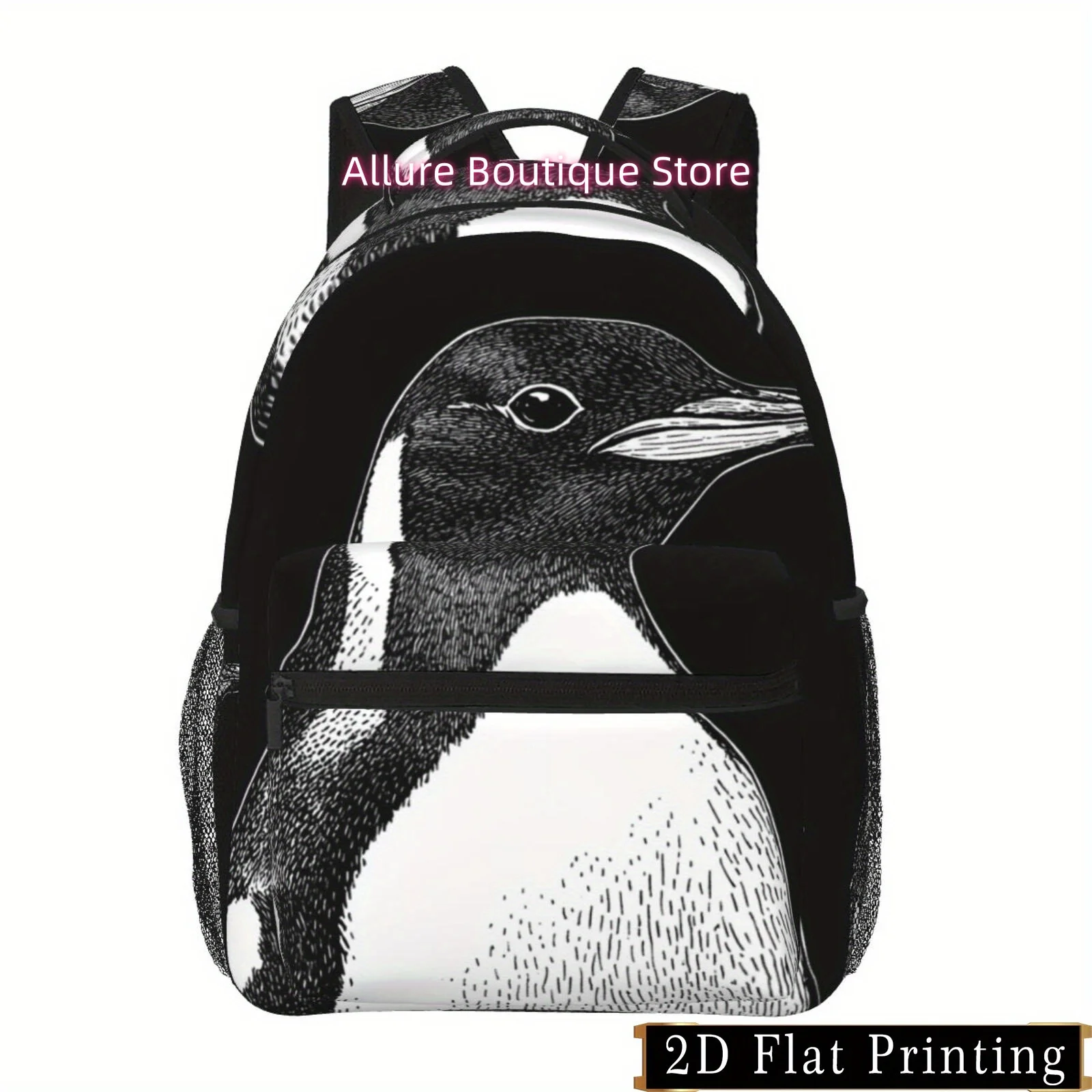 Black and White Penguin Print Pattern, Shoulder Strap Back and Waist Protection Design Backpack, Fashionable iPad Laptop Bag wit