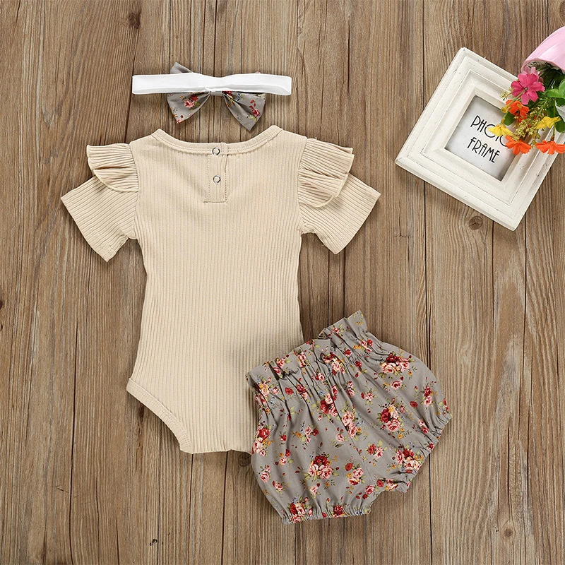 Baby Summer Clothing Newborn Baby Girl Ruffled Jumpsuit Solid color short sleeve Flower Short Pants Headband 3Pcs Infant Outfits