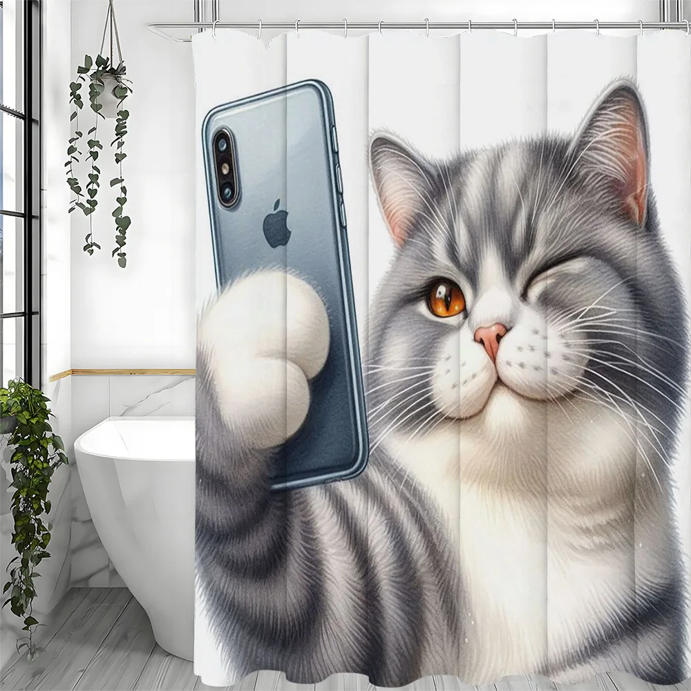 Funny Cat Taking Selfie with Smartphone Print 3D Digital Shower Curtain Waterproof Machine Washable Bathroom Fabric Home