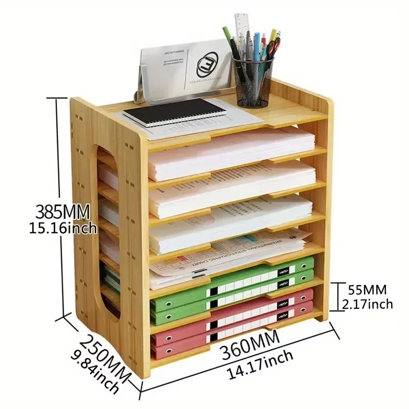 1Pc Wooden Desk Storage - Multi-Layer File Shelves and Bookshelves with Stationery Storage