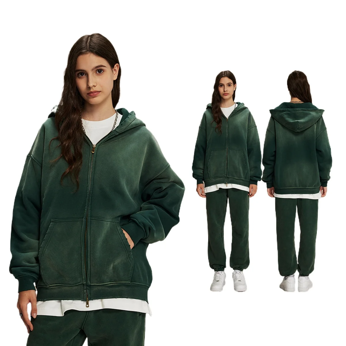 Personalized LOGO Custom Men's Autumn Winter Spray Dyeing Washing Water Old Fleece 360g Double Head Zip Couple Sweater Pants Set