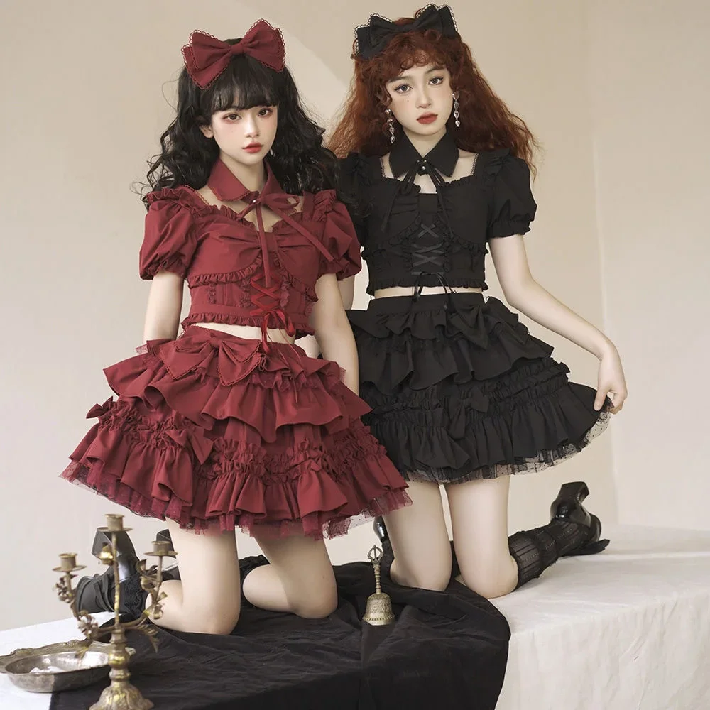 

Summer New Split Style Lolita Spicy Girls Short Sleeve Top Sk Half Skirt Set Red Black Dresses Kawaii Party Dress