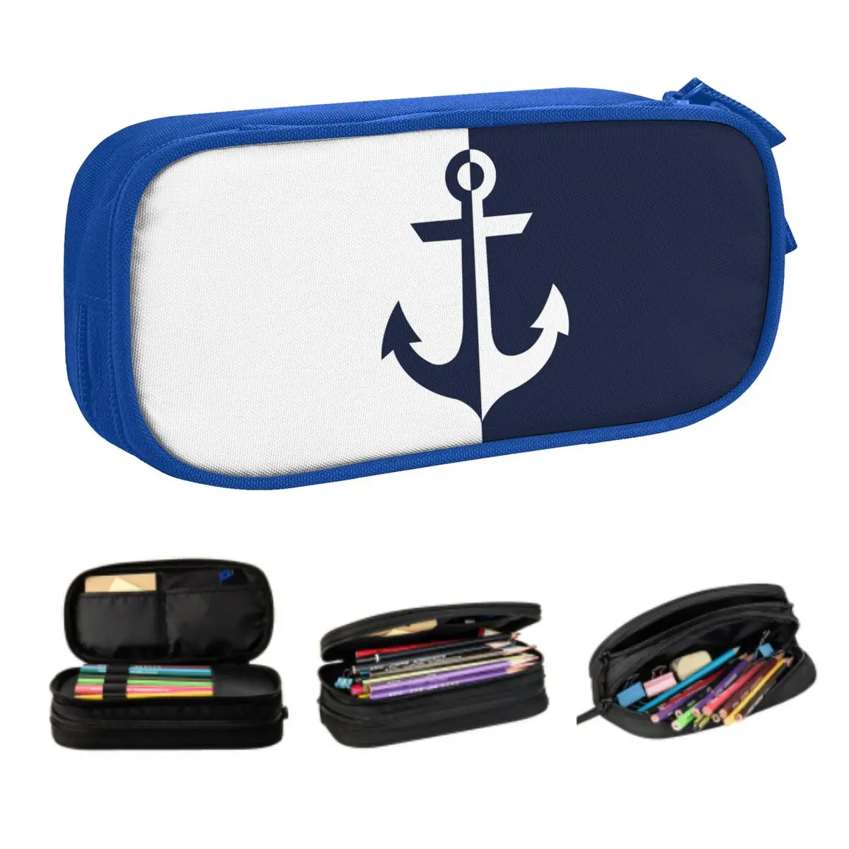 Custom Cute Nautical White Navy Blue Anchor Pencil Cases for Girl Boy Big Capacity Pencil Bag School Accessories