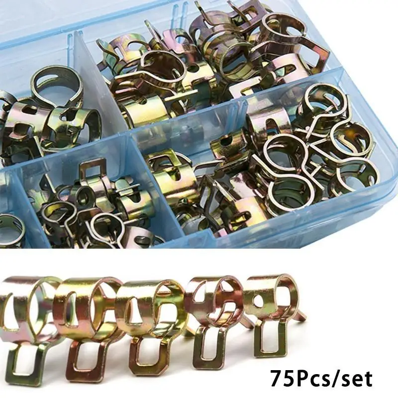 75Pcs 6-10mm Vacuum Spring Fuel Oil Water CPU Hose Clip Pipe Tube Band Clamp Metal Fastener Assortment Kit