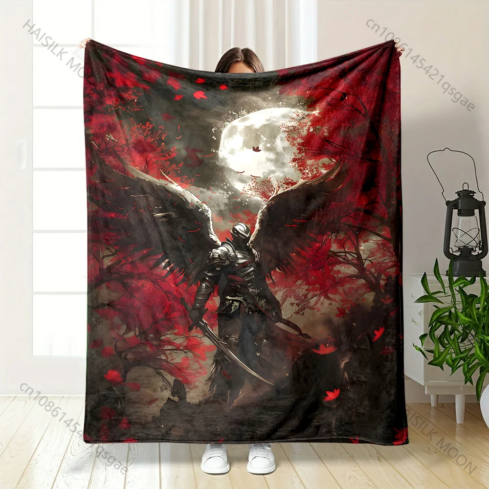 1PC Black armored angel moon night printed blanket all seasons multi-purpose blanket suitable for sofa, camping, travel, car