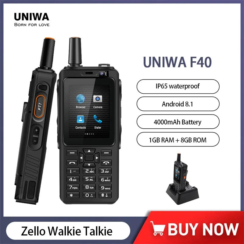 UNIWA F40 Zello 워키토키 안드로이드 스마트폰, 안테나 포함, 2.4 인치 터치 스크린, 쿼드 코어, 4G 휴대폰 모두 사용, 1GB + 8GB, 4000mAh