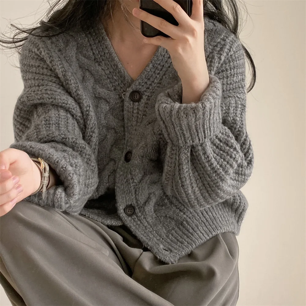 Jaket Sweater rajut wanita, kardigan tebal Korea sweater polos