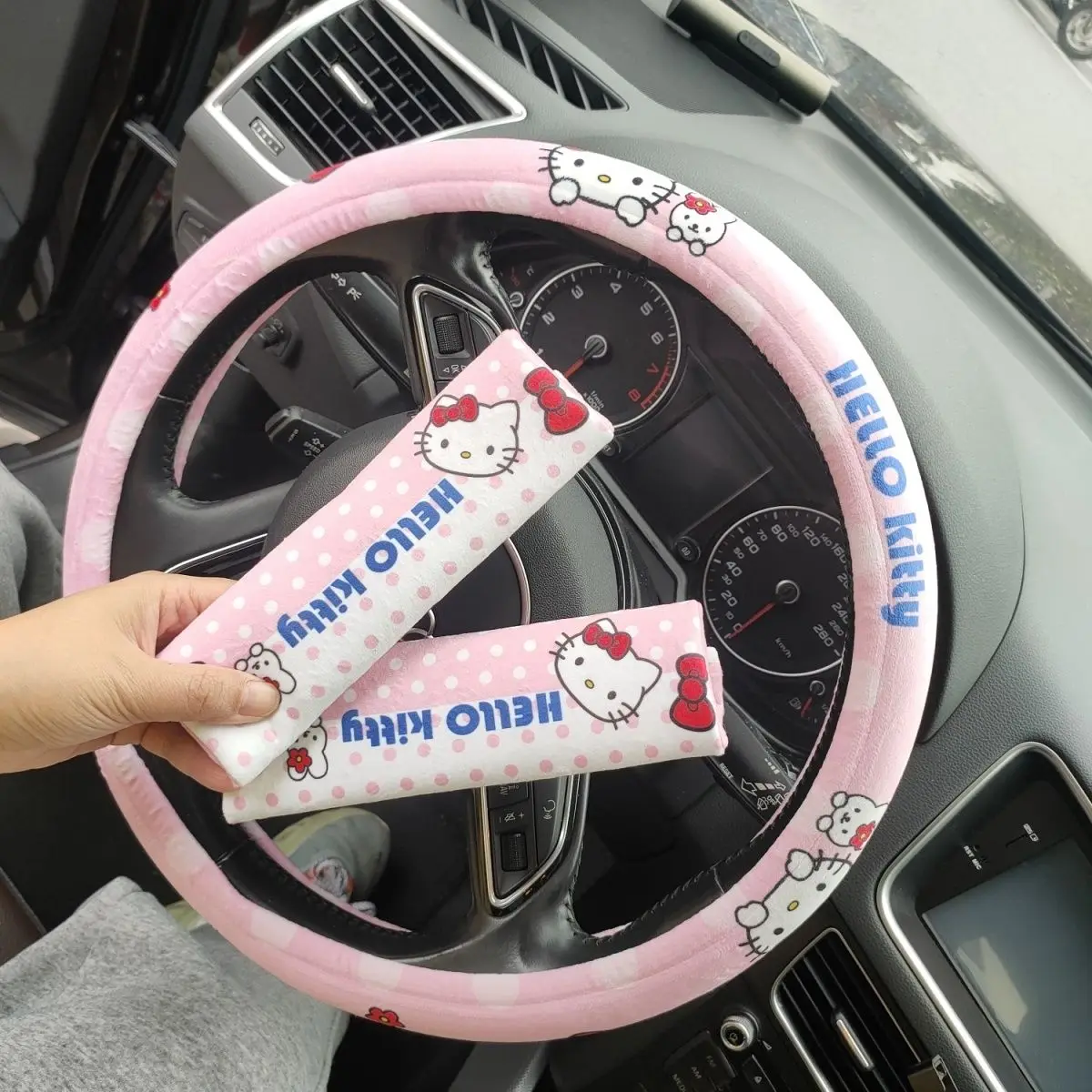 

Cute Sanrio Hello Kitty Steering Wheel Cover Cartoon Cute Young Girl Heart Car Decoration Accessories Three-piece Birthday Gift