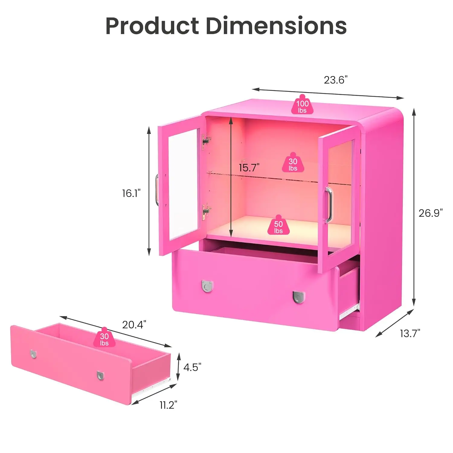 

Pink Display Cabinet with Acrylic Doors, 27'' Tall Curio Cabinet with LED Lights, Modern Storage Cabinet, Customized