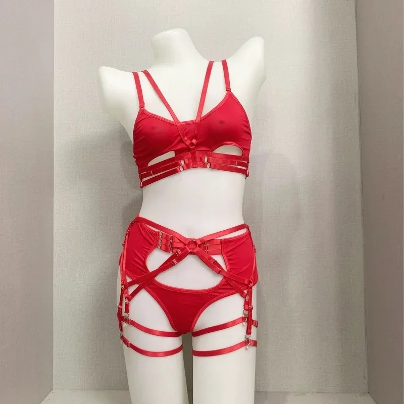 Ensemble de lingerie sexy bondage à bretelles rouges pour femmes, multi-pièces fendues, anneau non en acier avec anneau de jambe, soutien-gorge réglable, nouveau