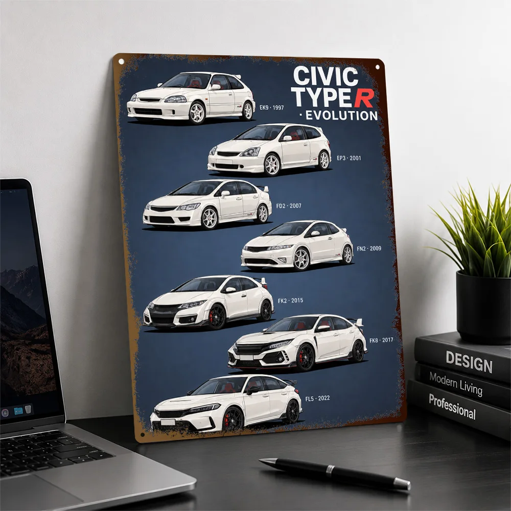 Japan Civic Type R Evolution White Model Chart Aluminum Poster Personalized Metal Sign Workshop Style Wall Art Ideal For Study