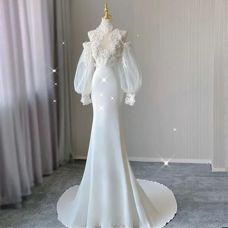 

Vintage Wedding Party Dresses for Women Vestidos Appliques Long-sleeved High Collar Zipper Banquet Elegant Women's Prom Dresses