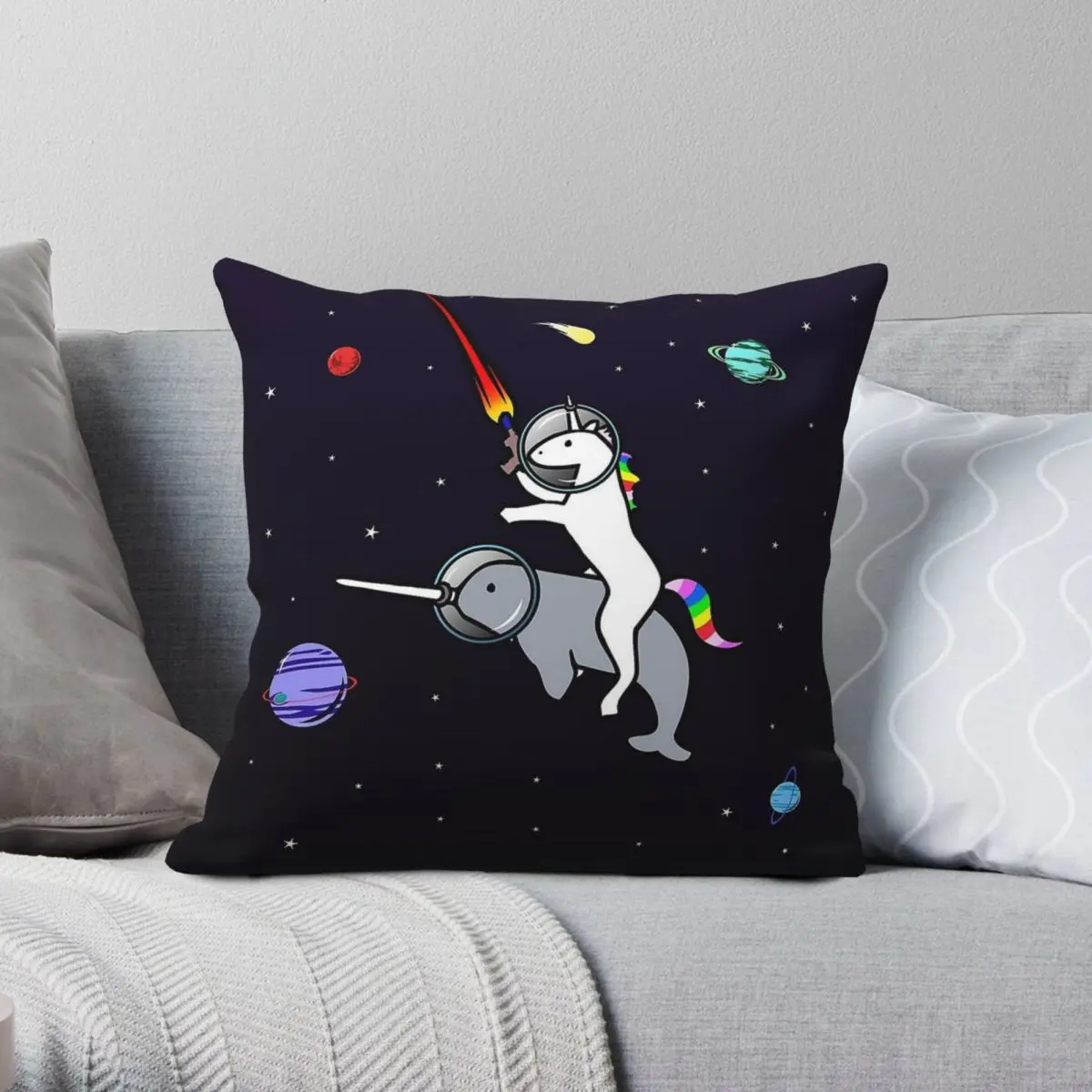 Unicorn Riding Narwhal In Space Square Pillowcase Polyester Linen Velvet Creative Zip Decorative Throw Pillow Case Sofa Cover