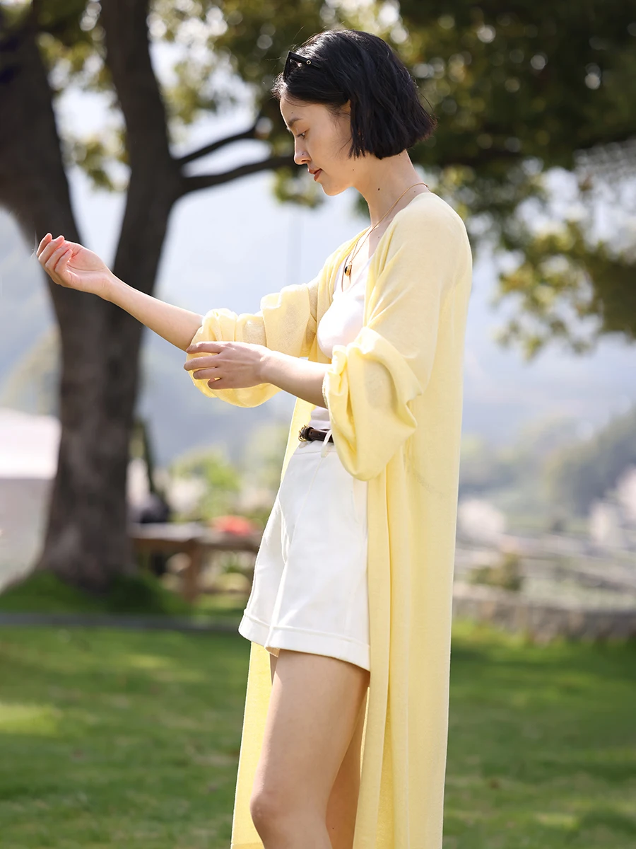 

Summer Lightweight Knitted Open Cardigan Women's Air Conditioner Cover Loose Long Sve V-Ne Color Commute Sle